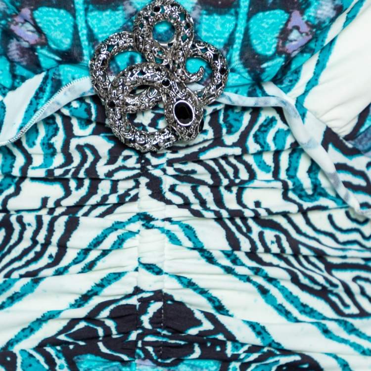 Pre Owned Roberto Cavalli Blue Printed Jersey Gathered Detail Maxi Dress S