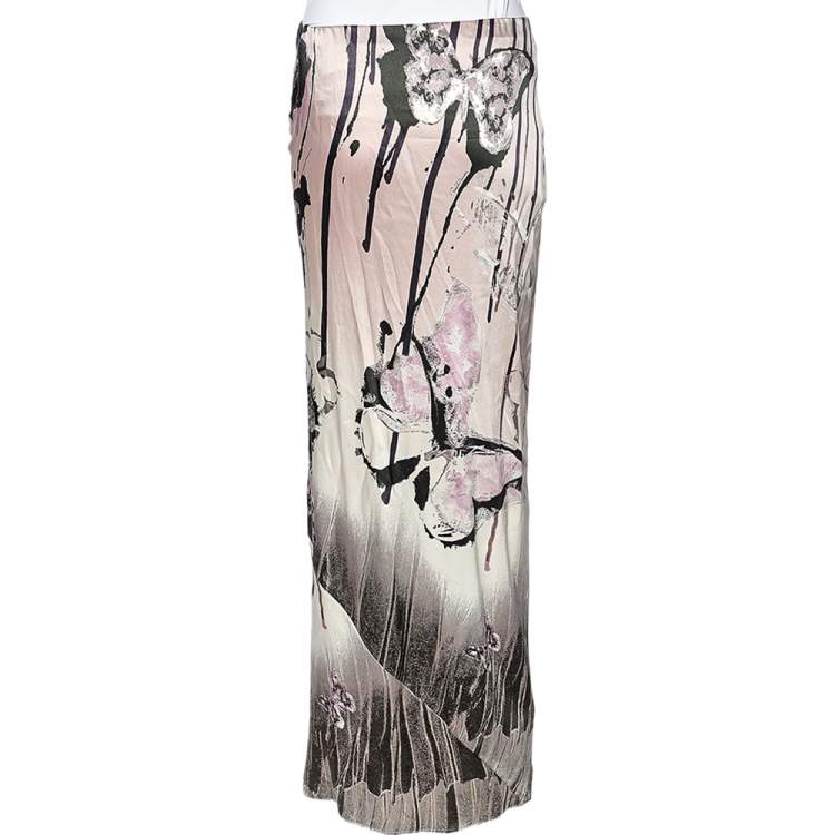 Pre Owned Roberto Cavalli Pale Pink Butterfly Print Silk Maxi Skirt S