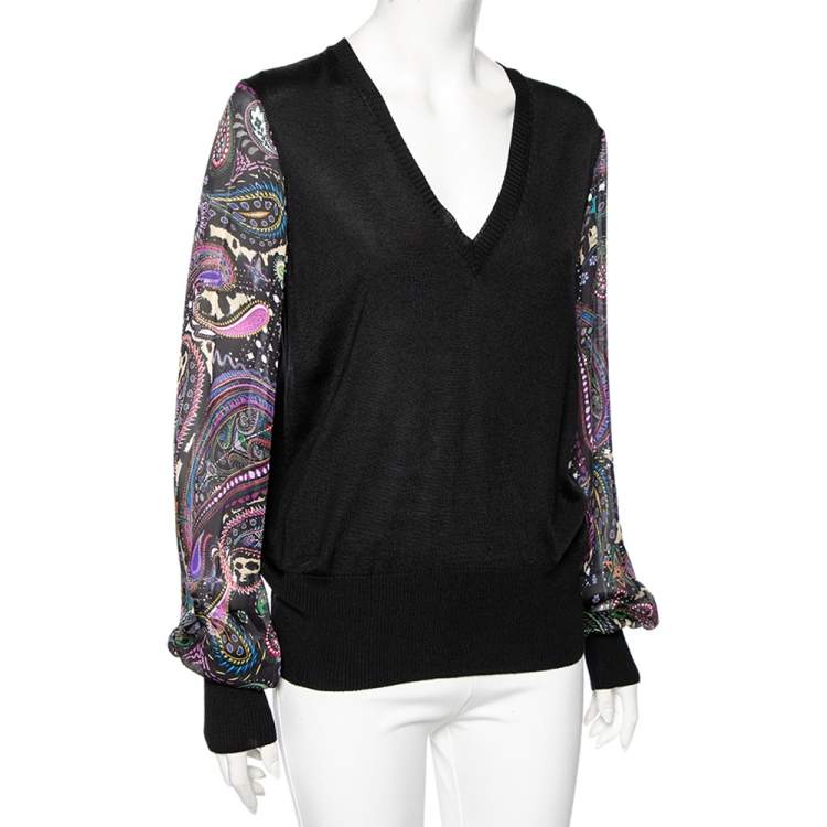 مملوكة مسبقًا Roberto Cavalli Black Knit & Silk Inset V-Neck Top L
