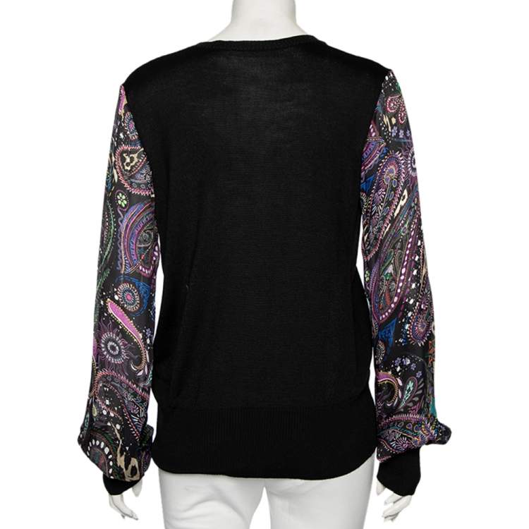 مملوكة مسبقًا Roberto Cavalli Black Knit & Silk Inset V-Neck Top L