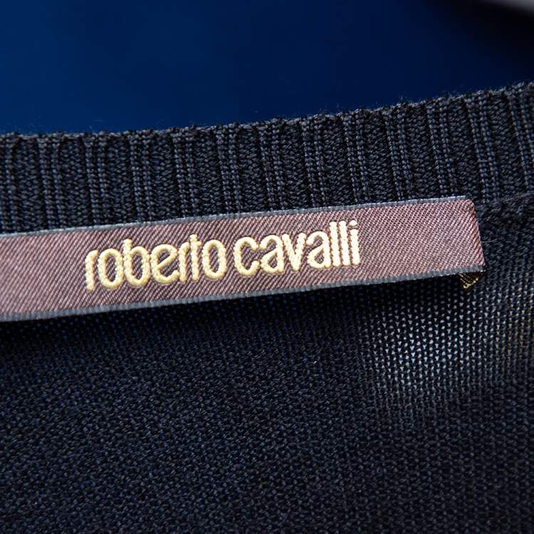 مملوكة مسبقًا Roberto Cavalli Black Knit & Silk Inset V-Neck Top L