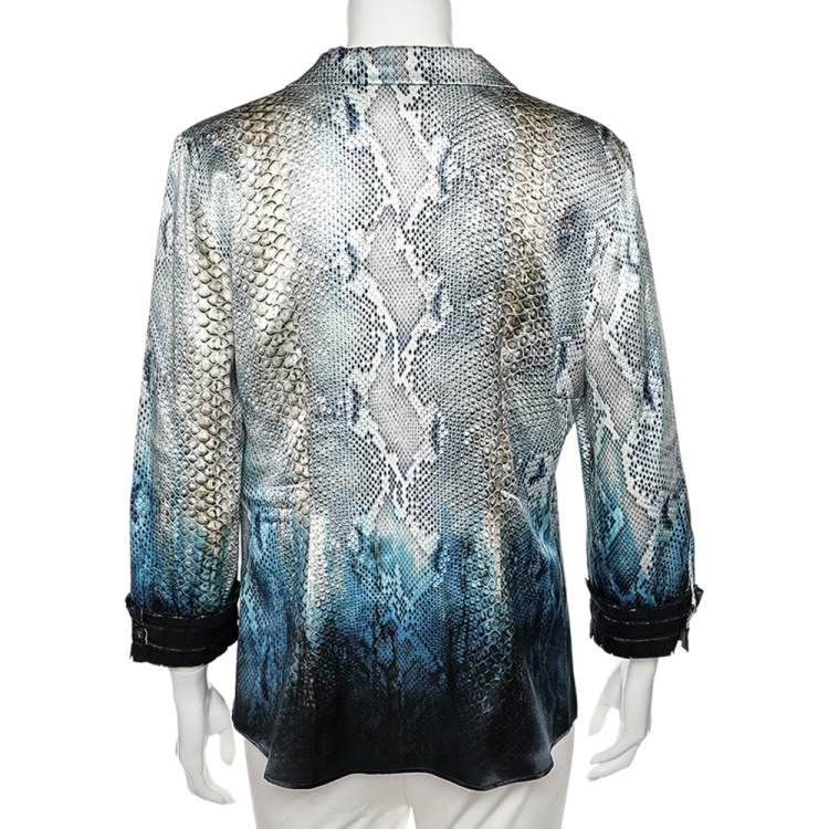 Pre Owned Roberto Cavalli Blue Animal Printed Silk Satin Shirt L 