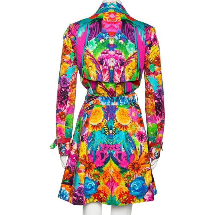 Pre Owned Roberto Cavali Multicolored Printed Cotton Belted Trench Coat M