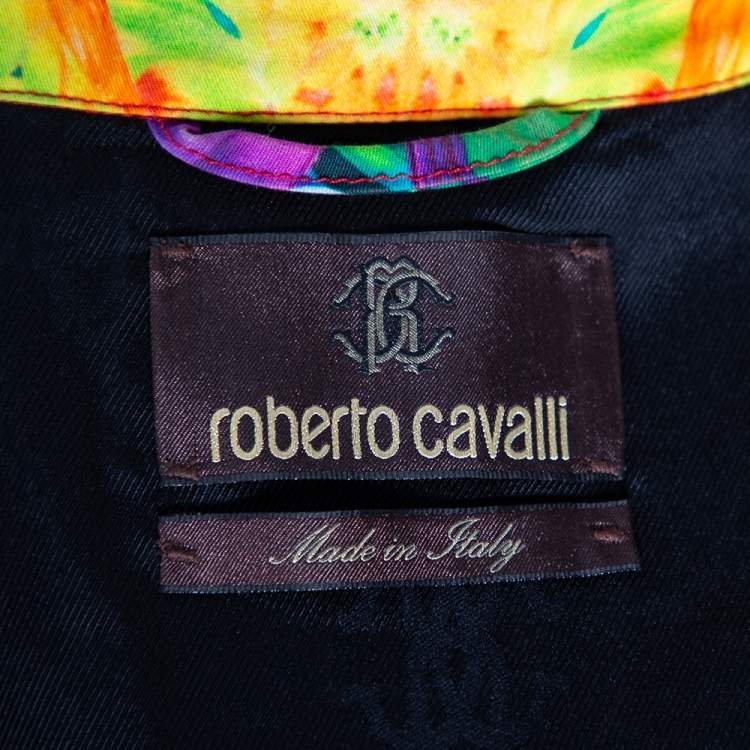 Pre Owned Roberto Cavali Multicolored Printed Cotton Belted Trench Coat M