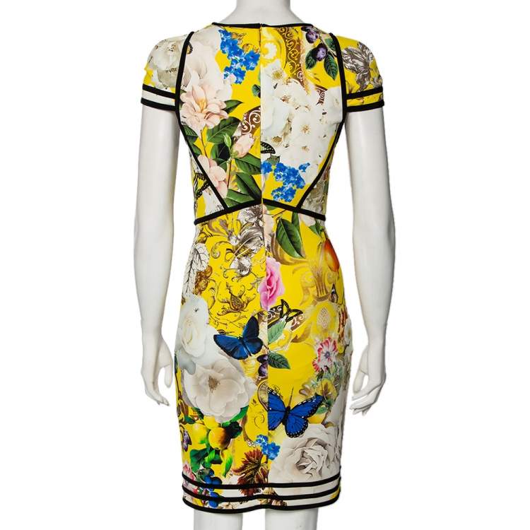 Pre Owned Roberto Cavalli Yellow Floral Printed Jersey Cap Sleeve Short Dress M
