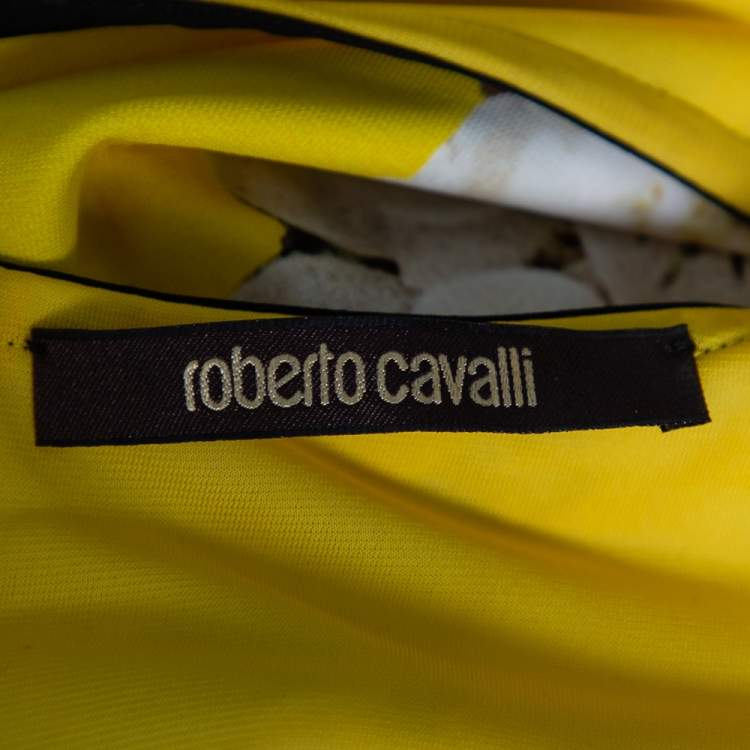 Pre Owned Roberto Cavalli Yellow Floral Printed Jersey Cap Sleeve Short Dress M