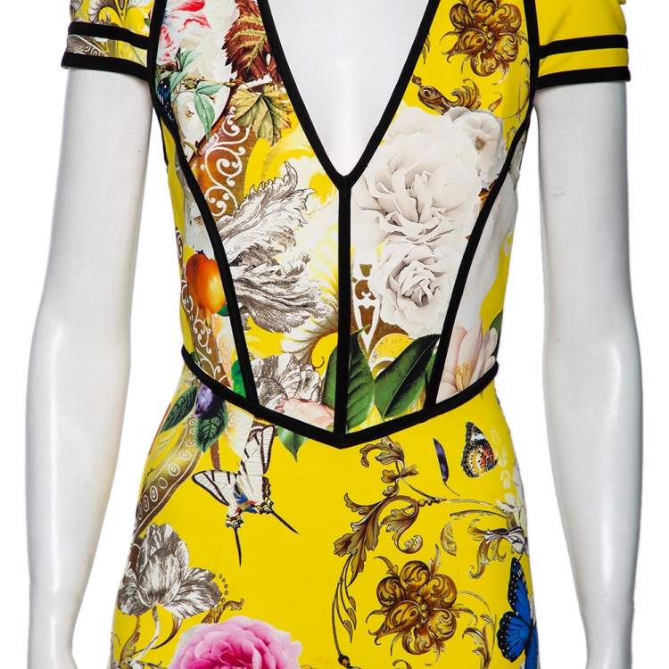 Pre Owned Roberto Cavalli Yellow Floral Printed Jersey Cap Sleeve Short Dress M