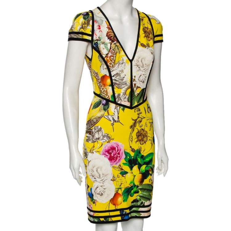 Pre Owned Roberto Cavalli Yellow Floral Printed Jersey Cap Sleeve Short Dress M