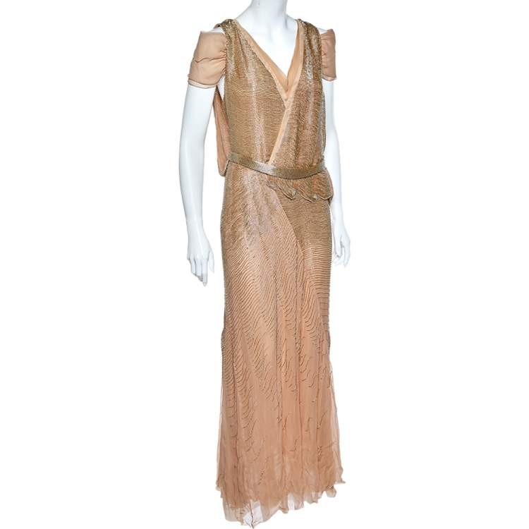 Pre Owned Roberto Cavalli Gold Bead Embellished Silk Overlay Belted Detail Maxi Dress M