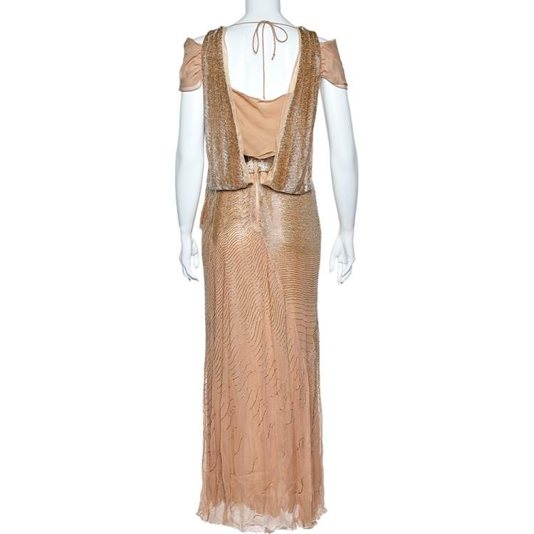 Pre Owned Roberto Cavalli Gold Bead Embellished Silk Overlay Belted Detail Maxi Dress M