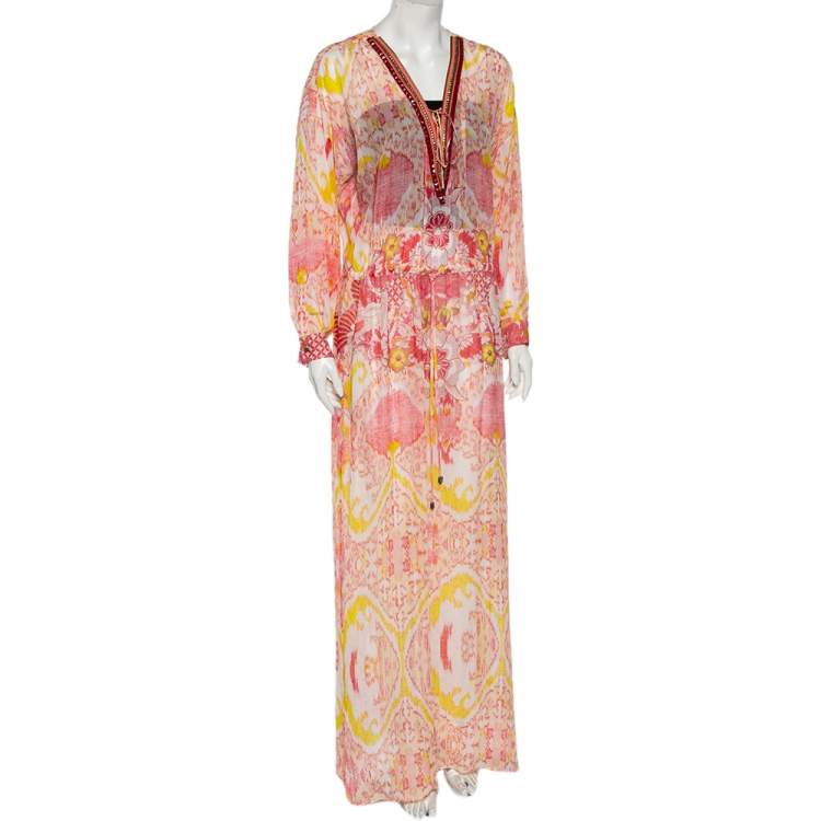 Pre Owned Roberto Cavalli Pink Printed Embellished Neck Kaftan Dress M 