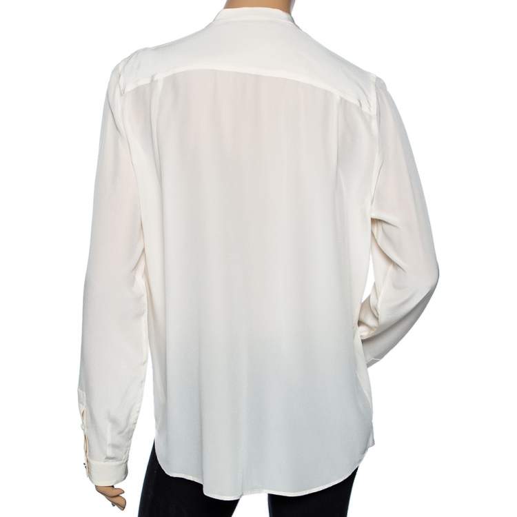 Pre Owned Roberto Cavalli Cream Silk Georgette Ruffled Neck Shirt L