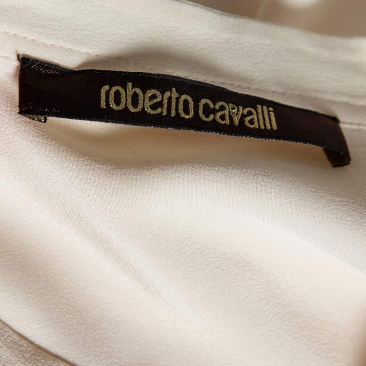 Pre Owned Roberto Cavalli Cream Silk Georgette Ruffled Neck Shirt L