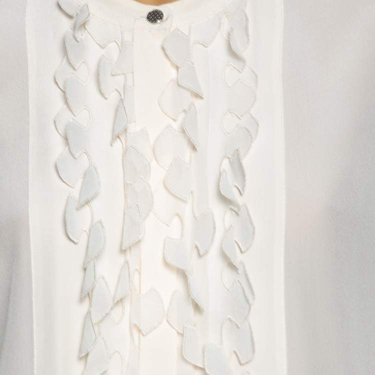 Pre Owned Roberto Cavalli Cream Silk Georgette Ruffled Neck Shirt L