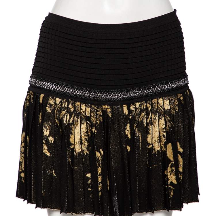 Pre Owned Roberto Cavalli Black & Gold Lurex Knit Chain Detailed Pleated Mini Skirt M