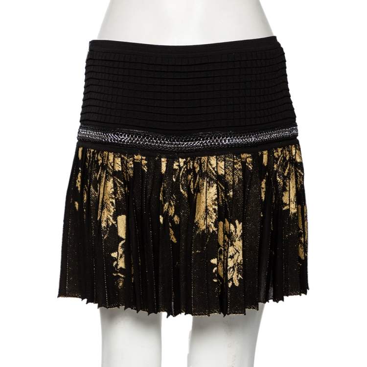 Pre Owned Roberto Cavalli Black & Gold Lurex Knit Chain Detailed Pleated Mini Skirt M