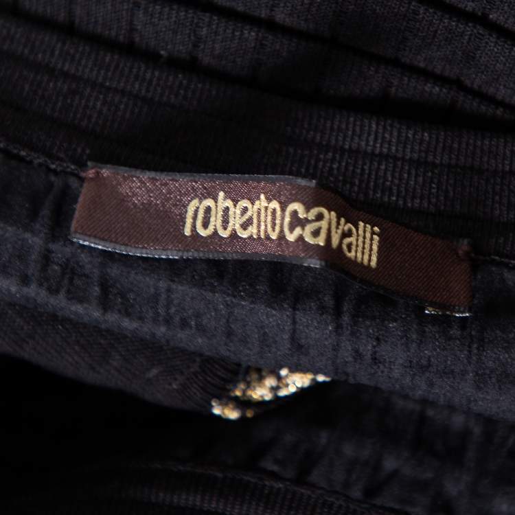 Pre Owned Roberto Cavalli Black & Gold Lurex Knit Chain Detailed Pleated Mini Skirt M