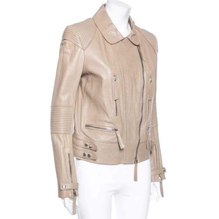 Pre Owned Roberto Cavalli Taupe Embossed Leather Zip Front Biker Jacket L