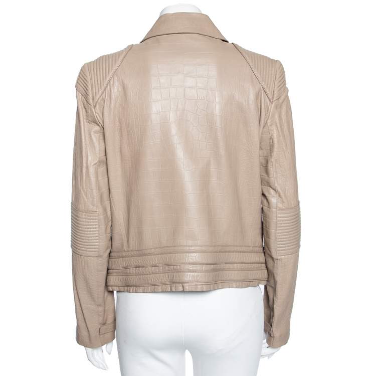Pre Owned Roberto Cavalli Taupe Embossed Leather Zip Front Biker Jacket L