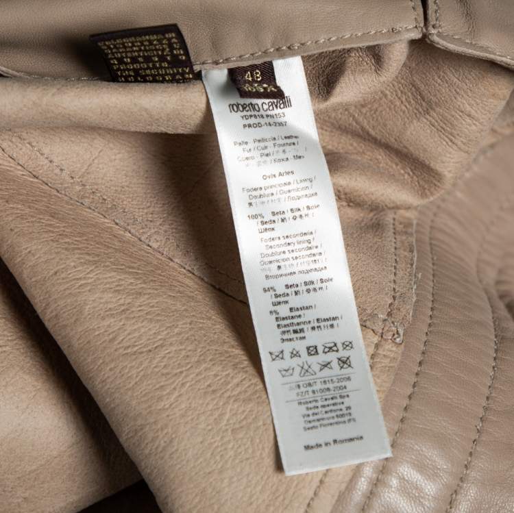Pre Owned Roberto Cavalli Taupe Embossed Leather Zip Front Biker Jacket L