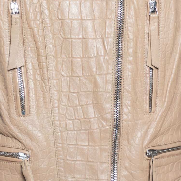Pre Owned Roberto Cavalli Taupe Embossed Leather Zip Front Biker Jacket L