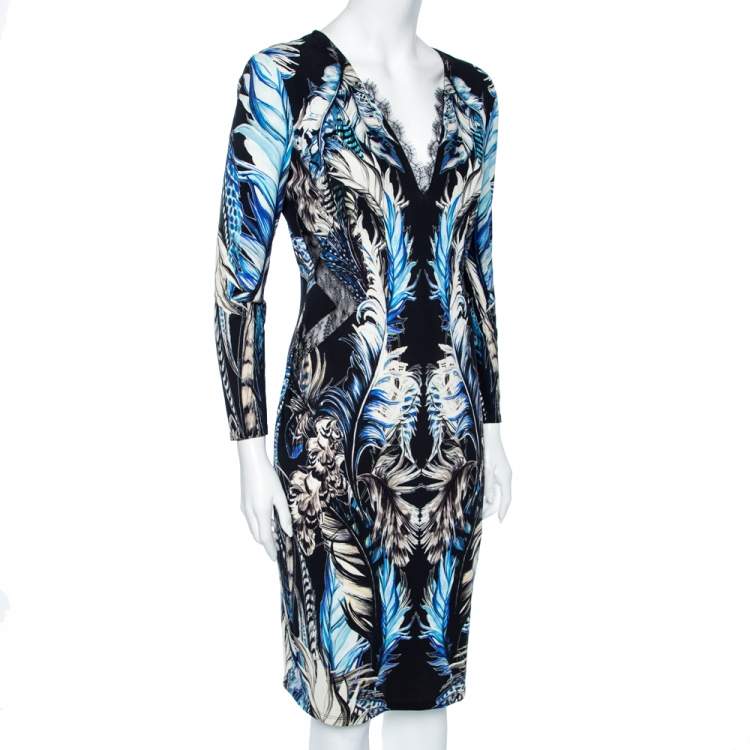 Pre Owned Roberto Cavalli Multicolored Printed Jersey & Lace Inset Detailed Dress L