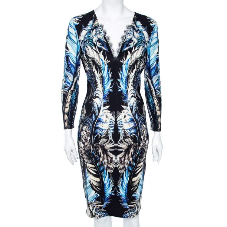 Pre Owned Roberto Cavalli Multicolored Printed Jersey & Lace Inset Detailed Dress L