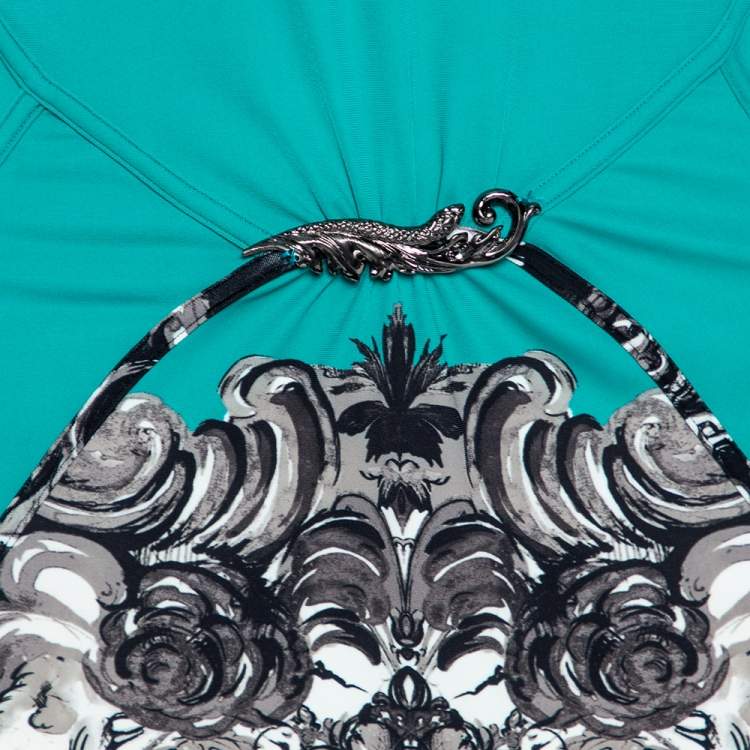 Pre Owned Roberto Cavalli Teal Green Printed Jersey Brooch Detailed Dress L