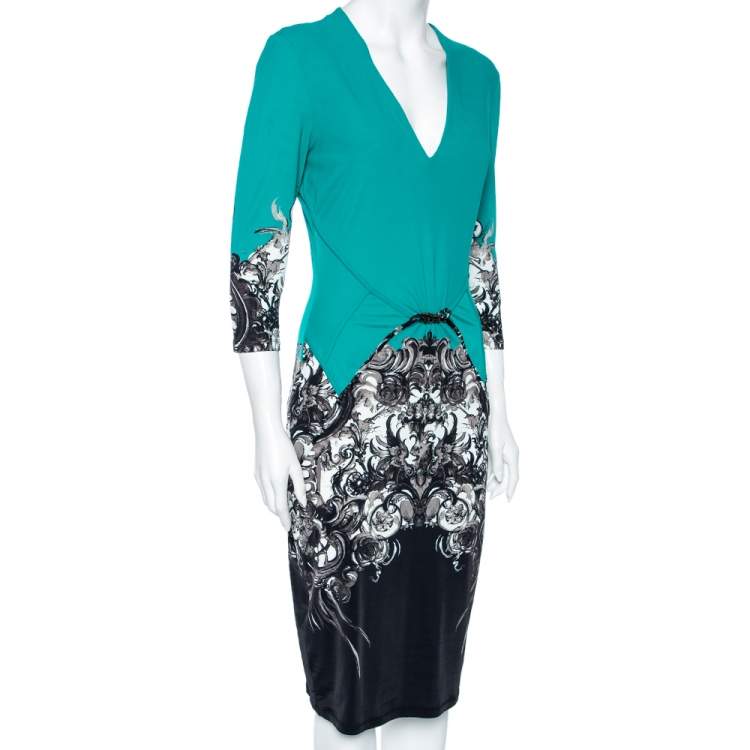 Pre Owned Roberto Cavalli Teal Green Printed Jersey Brooch Detailed Dress L