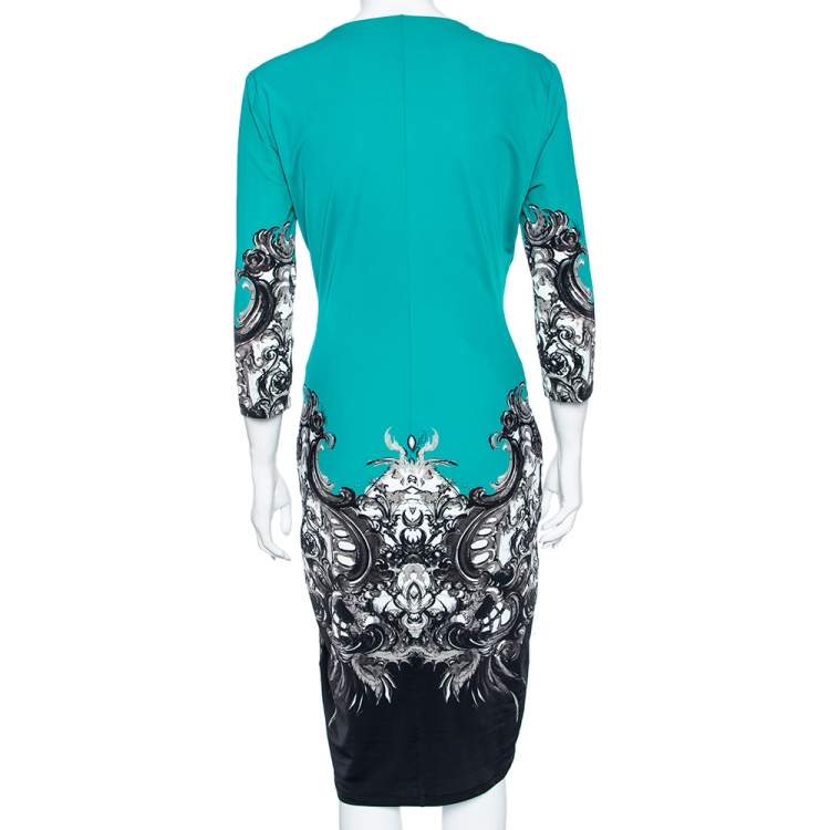 Pre Owned Roberto Cavalli Teal Green Printed Jersey Brooch Detailed Dress L
