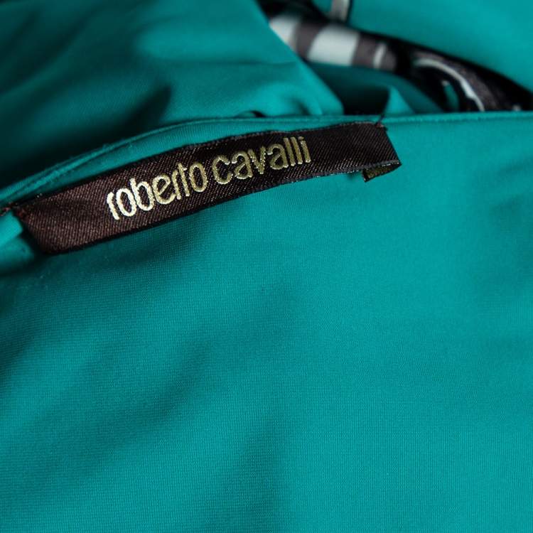 Pre Owned Roberto Cavalli Teal Green Printed Jersey Brooch Detailed Dress L