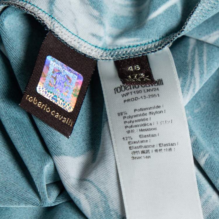 Pre Owned Roberto Cavalli Teal Green Printed Jersey Brooch Detailed Dress L