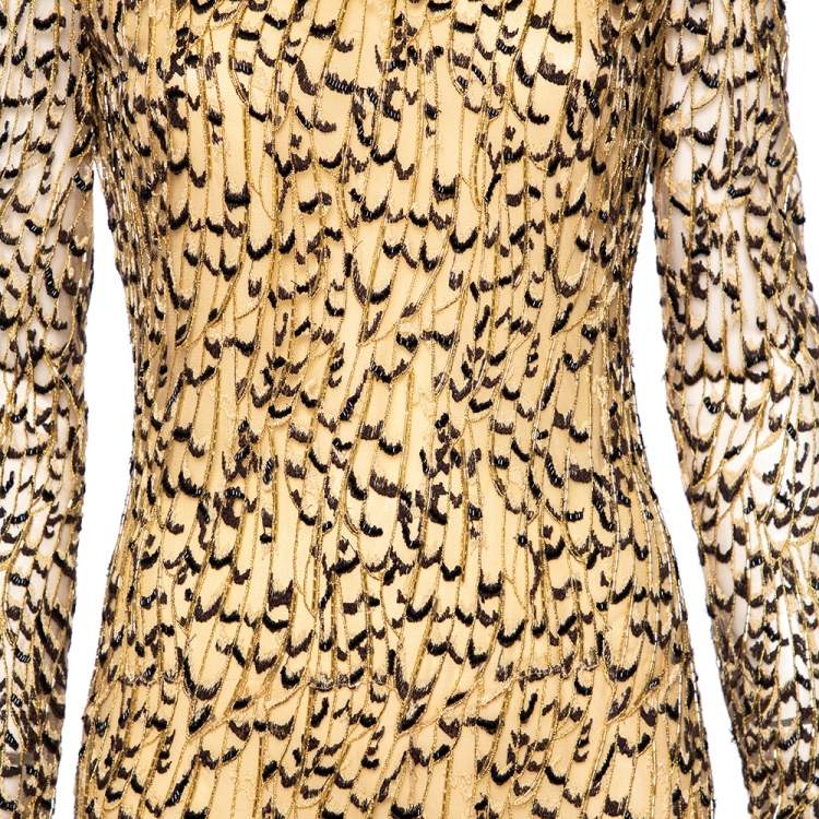 مملوكة مسبقًا Roberto Cavalli Beige & Black Embellished Tule Maxi Cocktail Dress M