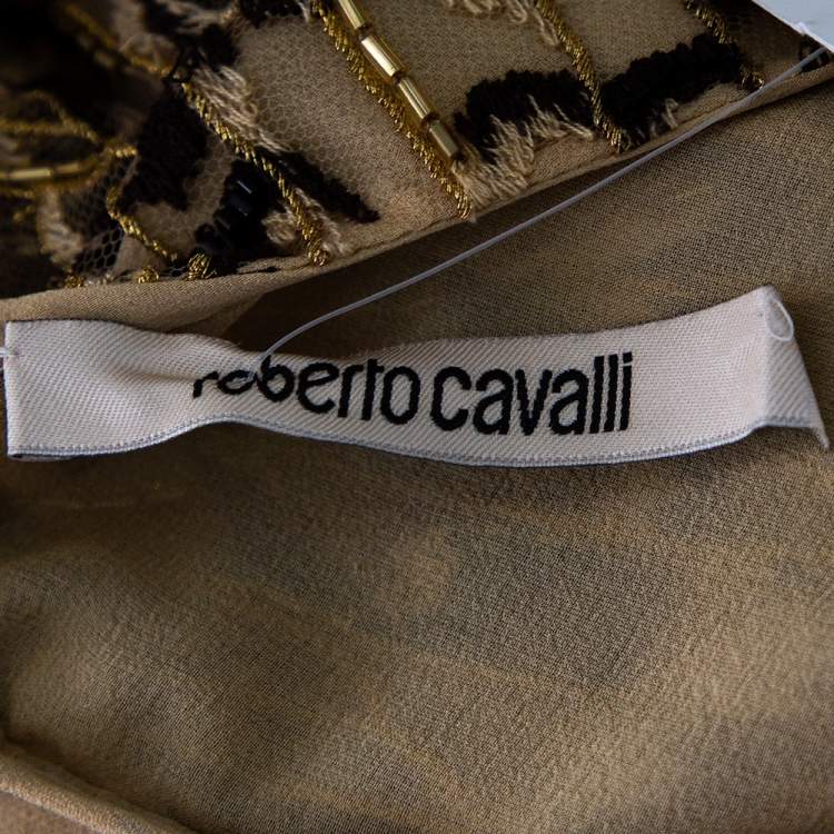 مملوكة مسبقًا Roberto Cavalli Beige & Black Embellished Tule Maxi Cocktail Dress M