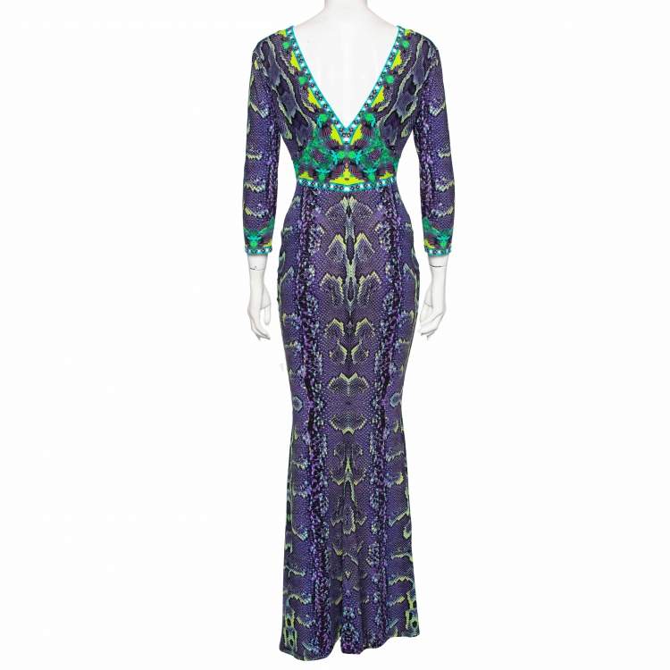 مملوكة مسبقًا Roberto Cavalli Purple Snake Print Jersey V-Neck Maxi Dress M 