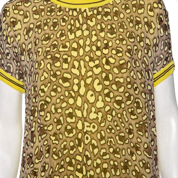 Pre Owned Roberto Cavalli Montenapoleone Yellow Animal Printed Silk & Knit Paneled T-Shirt L