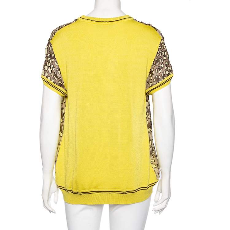 Pre Owned Roberto Cavalli Montenapoleone Yellow Animal Printed Silk & Knit Paneled T-Shirt L
