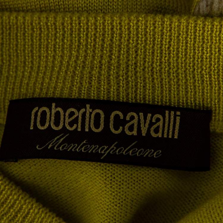 Pre Owned Roberto Cavalli Montenapoleone Yellow Animal Printed Silk & Knit Paneled T-Shirt L
