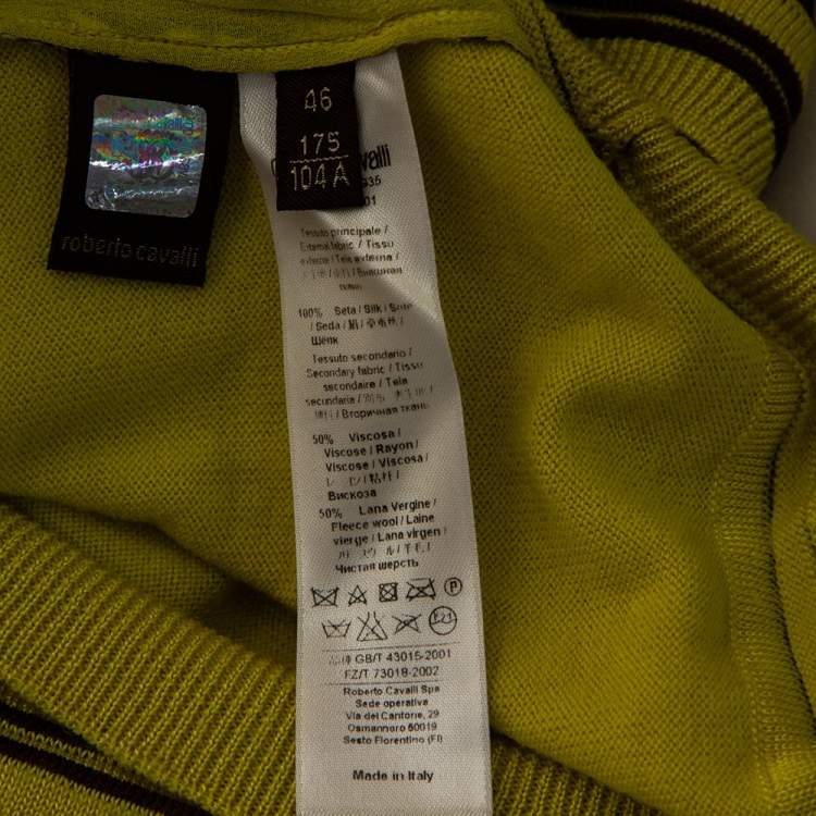 Pre Owned Roberto Cavalli Montenapoleone Yellow Animal Printed Silk & Knit Paneled T-Shirt L