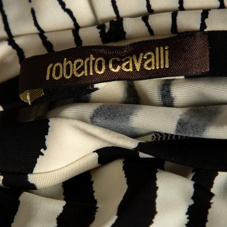 Pre Owned Roberto Cavalli Monochrome Printed Jersey Ruched Detailed Maxi Skirt M