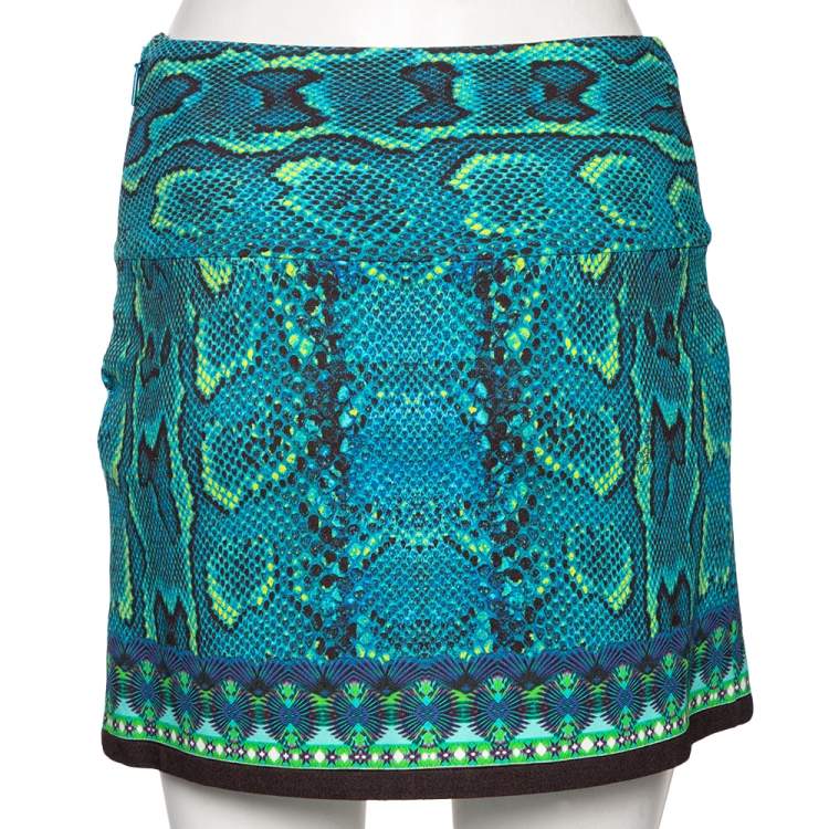 مملوكة مسبقًا Roberto Cavalli Blue Printed Jersey Asymmetric Wrap Detailed Mini Skirt S