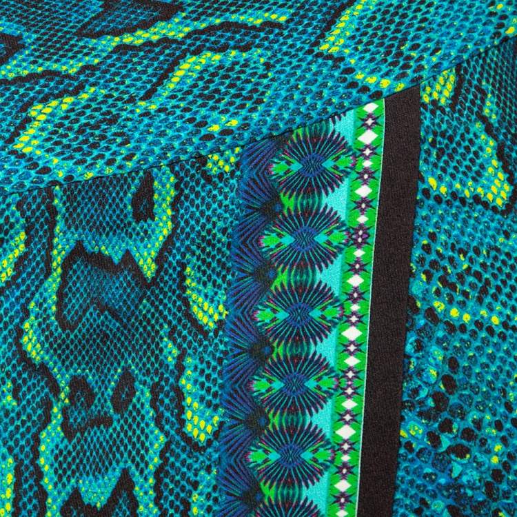 مملوكة مسبقًا Roberto Cavalli Blue Printed Jersey Asymmetric Wrap Detailed Mini Skirt S