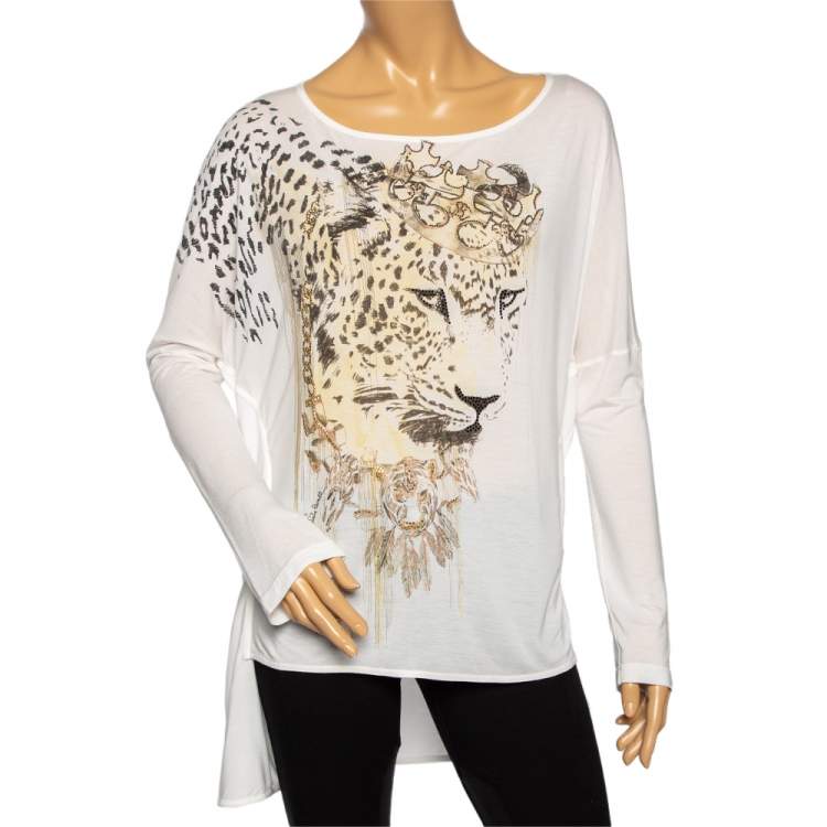 Pre Owned Roberto Cavalli White Embellished Tiger Print Modal Oversized Top S 
