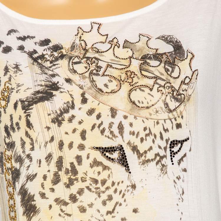 Pre Owned Roberto Cavalli White Embellished Tiger Print Modal Oversized Top S 