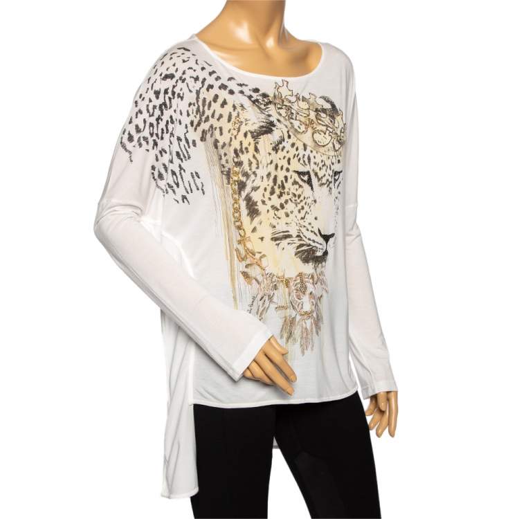 Pre Owned Roberto Cavalli White Embellished Tiger Print Modal Oversized Top S 