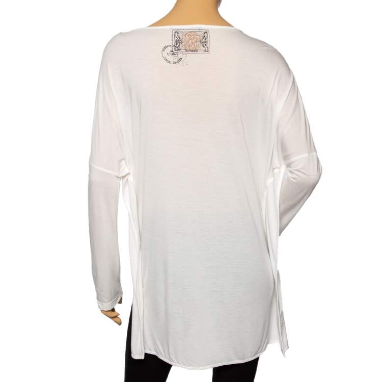 Pre Owned Roberto Cavalli White Embellished Tiger Print Modal Oversized Top S 