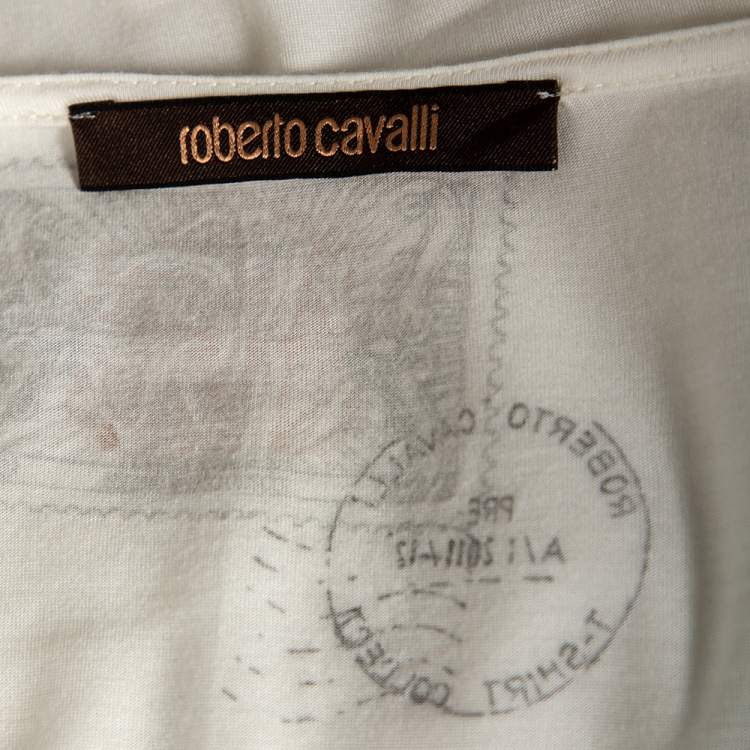 Pre Owned Roberto Cavalli White Embellished Tiger Print Modal Oversized Top S 