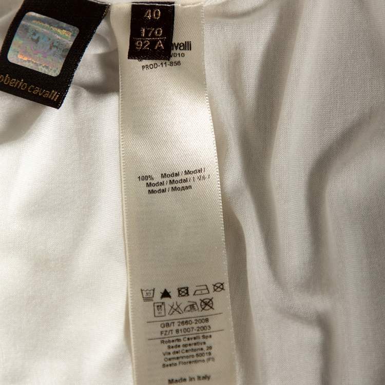 Pre Owned Roberto Cavalli White Embellished Tiger Print Modal Oversized Top S 