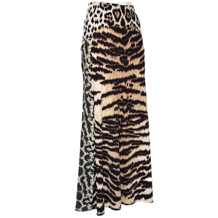 Pre Owned Roberto Cavalli Multicolored Animal & Snake Skin Print Jersey Maxi Skirt S 