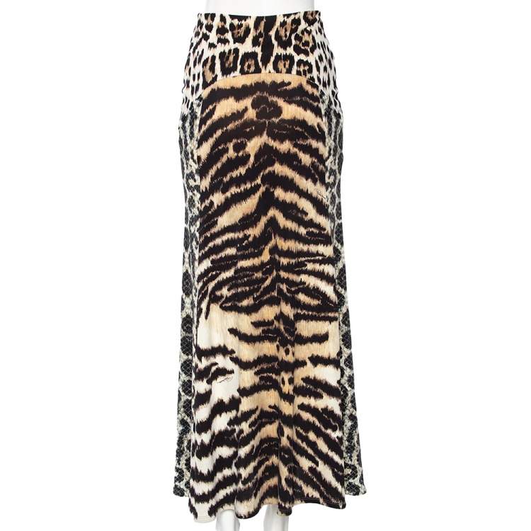 Pre Owned Roberto Cavalli Multicolored Animal & Snake Skin Print Jersey Maxi Skirt S 